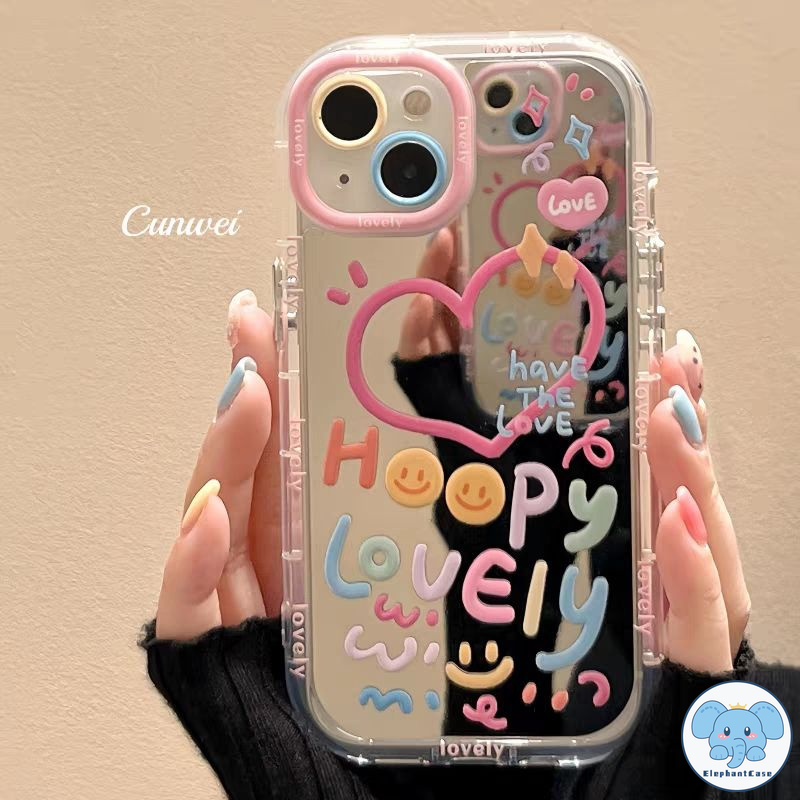 น่ารักรักหัวใจรอยยิ้มกระจกแต่งหน้าเข้ากันได้เคสไอโฟน 16 11 13 15 XR 14 12 Pro Max 15 14 8 7 Plus X XS Max SE รักหัวใจเคส