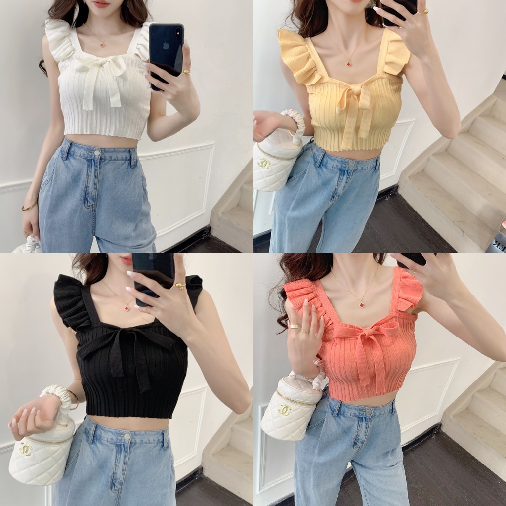 KOKO#เสื้อกล้ามผูกโบว์แขนบินมีแผ่นหน้าอกสำหรับผู้หญิงหวานๆ สไตล์เกาหลีเสื้อกั๊กคล้องคอ#82148