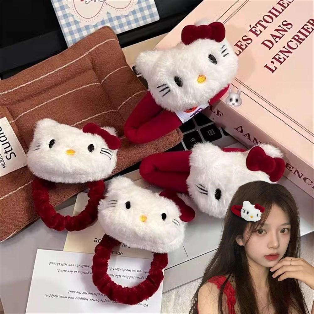 การ์ตูนตุ๊กตาคิตตี้แมวผมแหวนน่ารักสีแดงโบว์ตุ๊กตากิ๊บหวานอเนกประสงค์เรียบคลิปด้านข้างเครื่องประดับผม