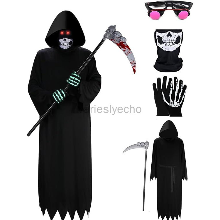 5 ชิ้นฮาโลวีน Grim Reaper ชุดเครื่องแต่งกาย, กํามะหยี่สีดํา Hooded Cape, Skull Face Mask, ถุงมือมือ, Luminous Glass Grim Reaper Scythe Staff, คอสเพลย์เครื่องแต่งกาย Props