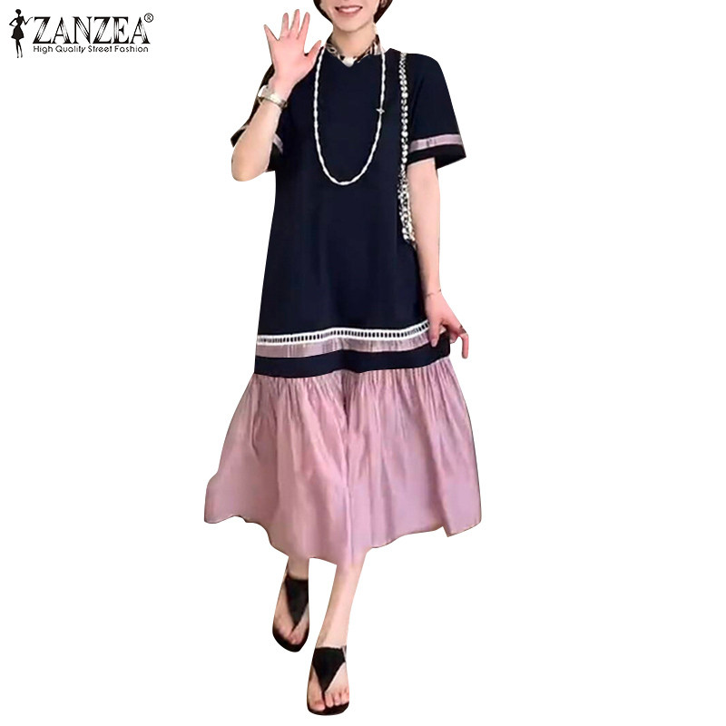 ZANZEA ใส่ ซานเซีย ผู้หญิงเกาหลีลูกเรือคอกลางความยาวแขนสั้นคมชัดสีนัวเนียชุด