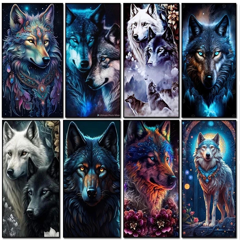 DIY Wolves 5d Diy เพชรจิตรกรรมชุดเพชรศิลปะเย็บปักถักร้อยโมเสคปักครอสติบทคัดย่อสัตว์หมาป่า Handwork ป