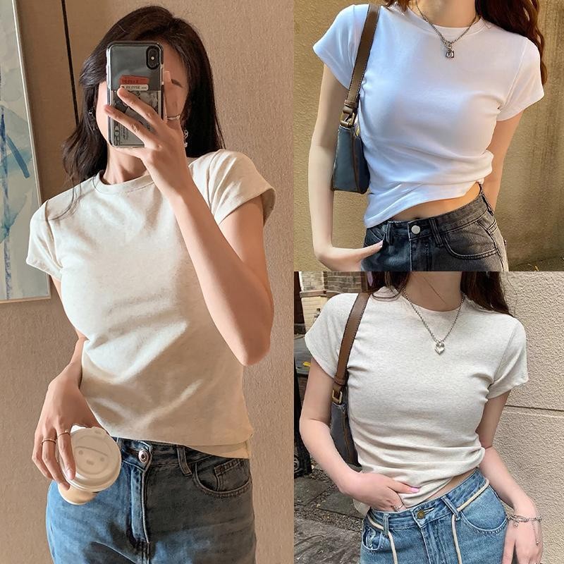 เสื้อยืดผู้หญิง คอกลมแขนสั้น สีทึบ แฟชั่นเสื้อยืดผญสวยๆคอกลมสไตล์อเมริกันเสื้อยืดวินเทจ ผู้หญิง สีขาวเสื้อยืดแฟชั่น