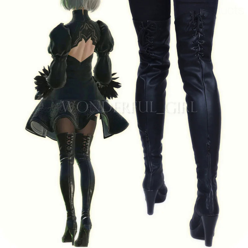 🚀 New Game Nier Automata Cosplay Shoes YoRHa 2B Knee Length PU Leather Cosplay Boots Black High Heel