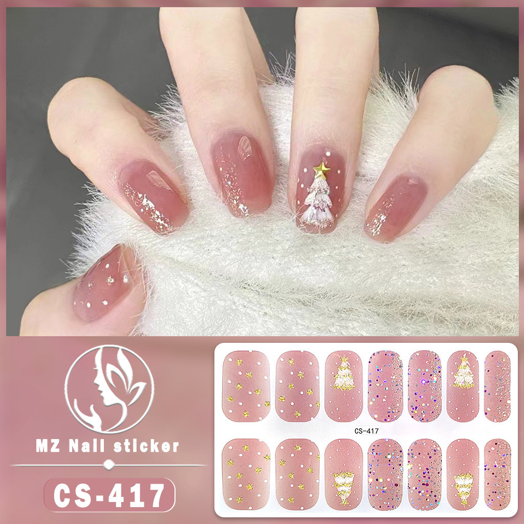 กลิตเตอร์สีแดงอบฟรีเจลเล็บสติ๊กเกอร์ดอกไม้ไล่โทนสีสีคริสต์มาสกาวตนเองเล็บห่อ