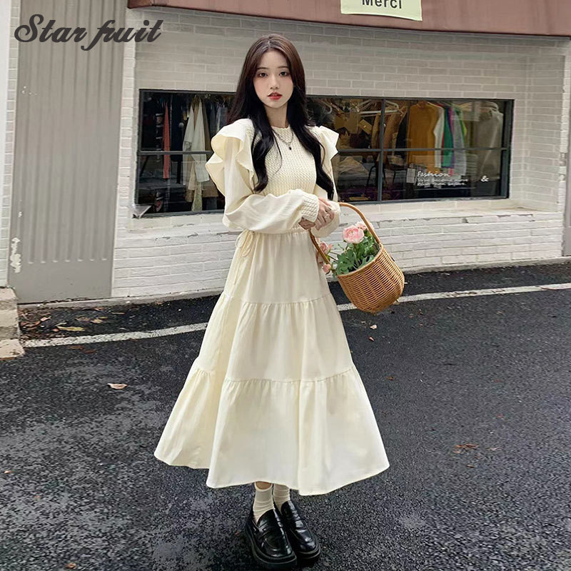 Star fruit ชุดสตรีแขนยาวจับจีบเอวสาวกระโปรงทรงเอฝรั่งเศส