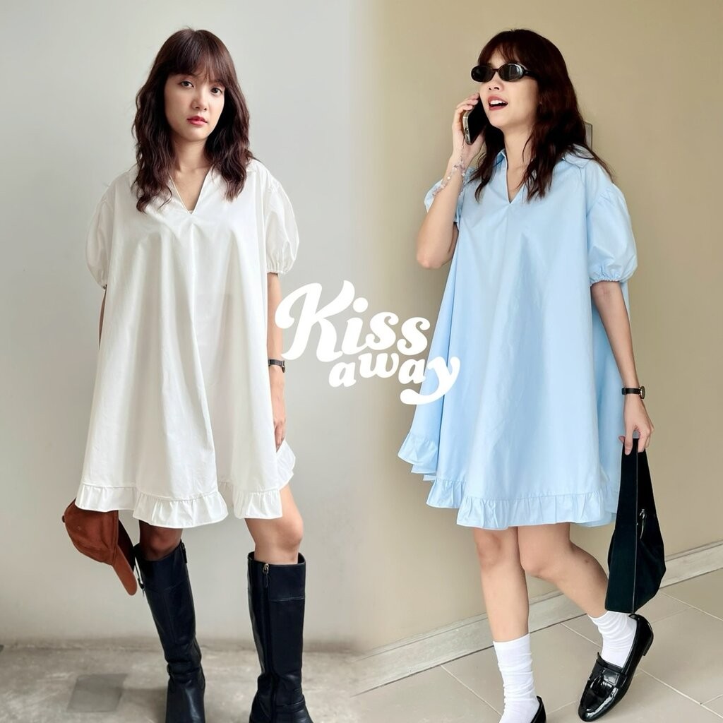 Dobby (071) มินิเดรส คอปก แขนพอง ชายระบาย ใส่สบาย (สีขาว/สีฟ้า) Kissaway