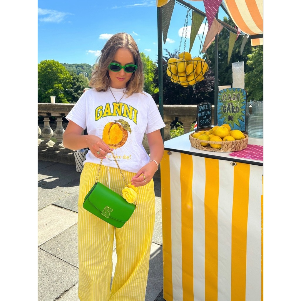 (จัดส่งตลอด 24 ชั่วโมง）Angel Official เสื้อยืดแขนสั้นผ้าฝ้ายพิมพ์ลายดอกพีชสีเหลืองวินเทจสไตล์อเมริกัน - รูปที่ 2