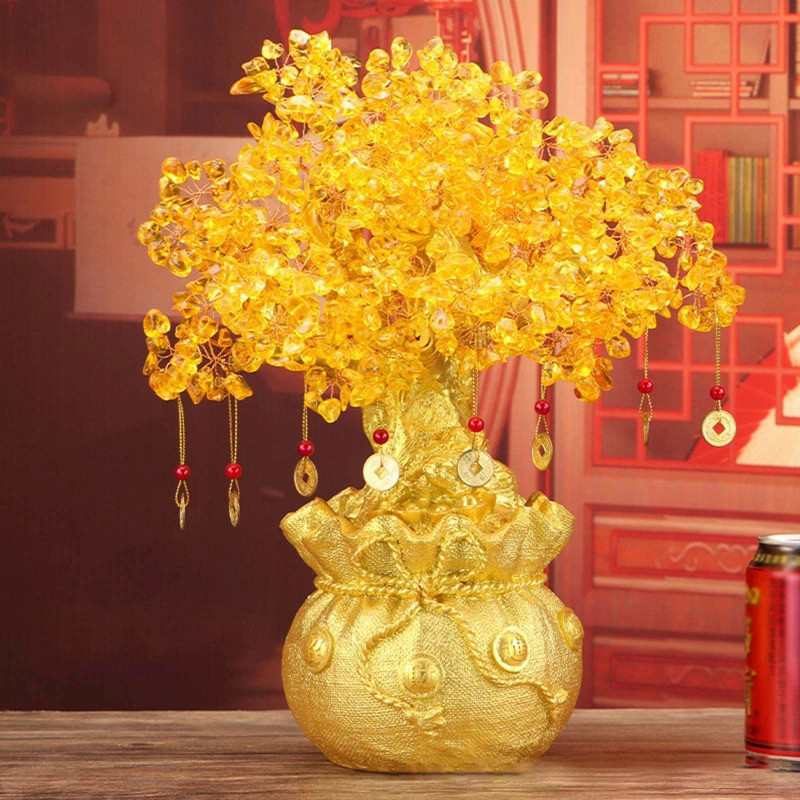 Big Yellow Crystal Creative Citrine Lucky Tree Chinese Feng Shui Lucky Money Tree Fortune Tree for D