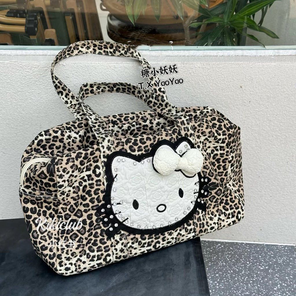 เสือดาวพิมพ์ kitty Cat กระเป๋าสะพาย Tote Bag กระเป๋าผ้าใบ Niche กระเป๋ายุคกลางกระเป๋าหญิงขนาดใหญ่ความจุ Retro Hot Girl Harajuku