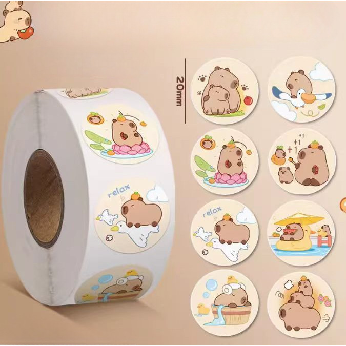 500ชิ้น/ม้วน คาปิบาระ สติกเกอร์ปิดผนึกรอบฉลากสติกเกอร์เครื่องเขียนตกแต่ง