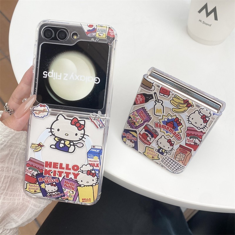 Z Flip6 ปลอกการ์ตูนน่ารัก Hello Kitty Magnetic Hard Flip ฝาครอบโทรศัพท์สําหรับ Samsung Galaxy Z Flip 6 5 4 3 กรณี Z Flip6 Flip5 Flip4 Flip3