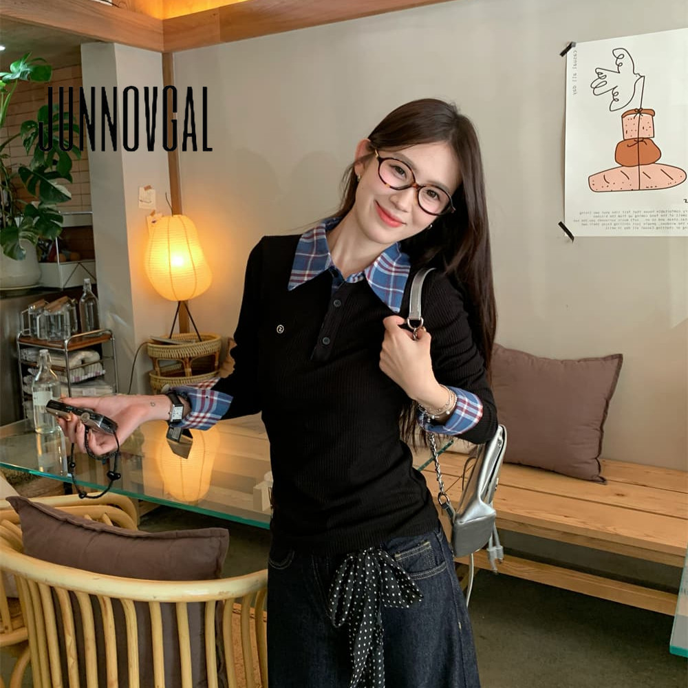 Junnovgal เสื้อโปโลผู้หญิงปลอมสองชิ้นสีตัดกัน 2024 แขนยาว