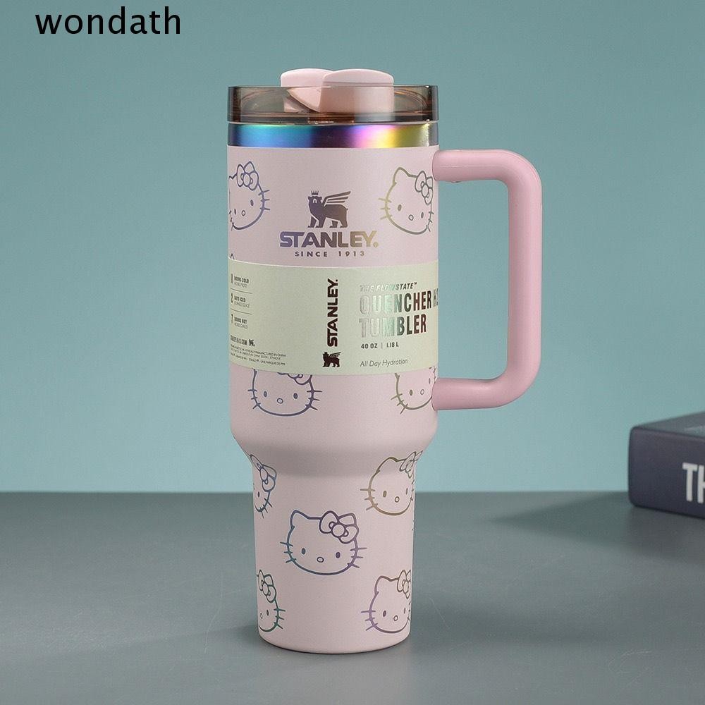 Wonda ถ้วยฝาฟาง, สแตนเลสผนังคู่ความร้อนแก้วฉนวนสูญญากาศเย็น, คุณภาพสูง 40oz ความจุขนาดใหญ่ Hello Kitty ถ้วยเดินทาง