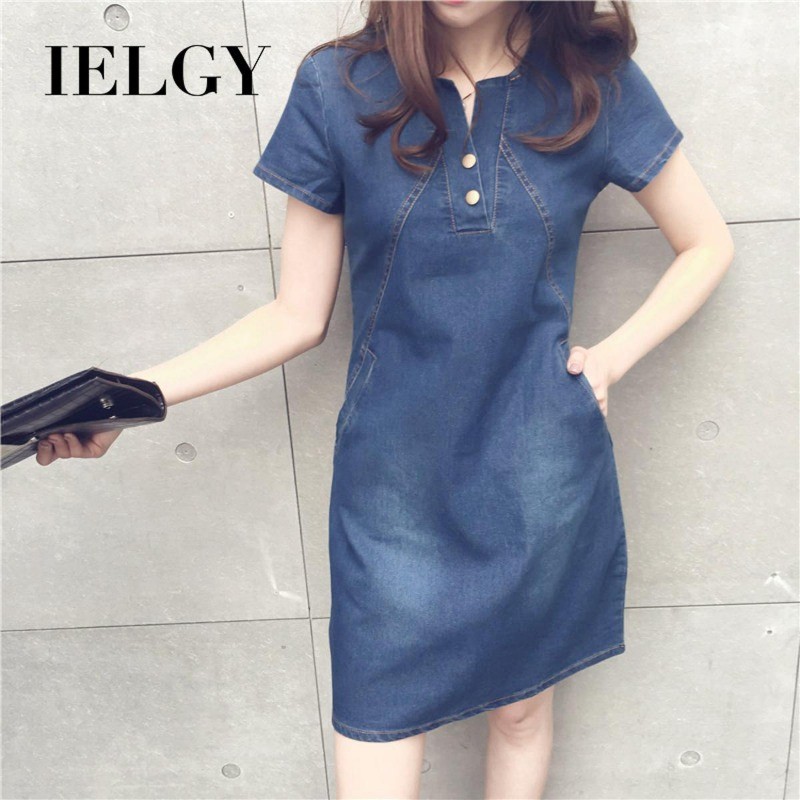 IELGY ชุดเดรสยีนส์ยาวปานกลางลําลองผู้หญิงพลัสไซส์เทรนด์หญิง