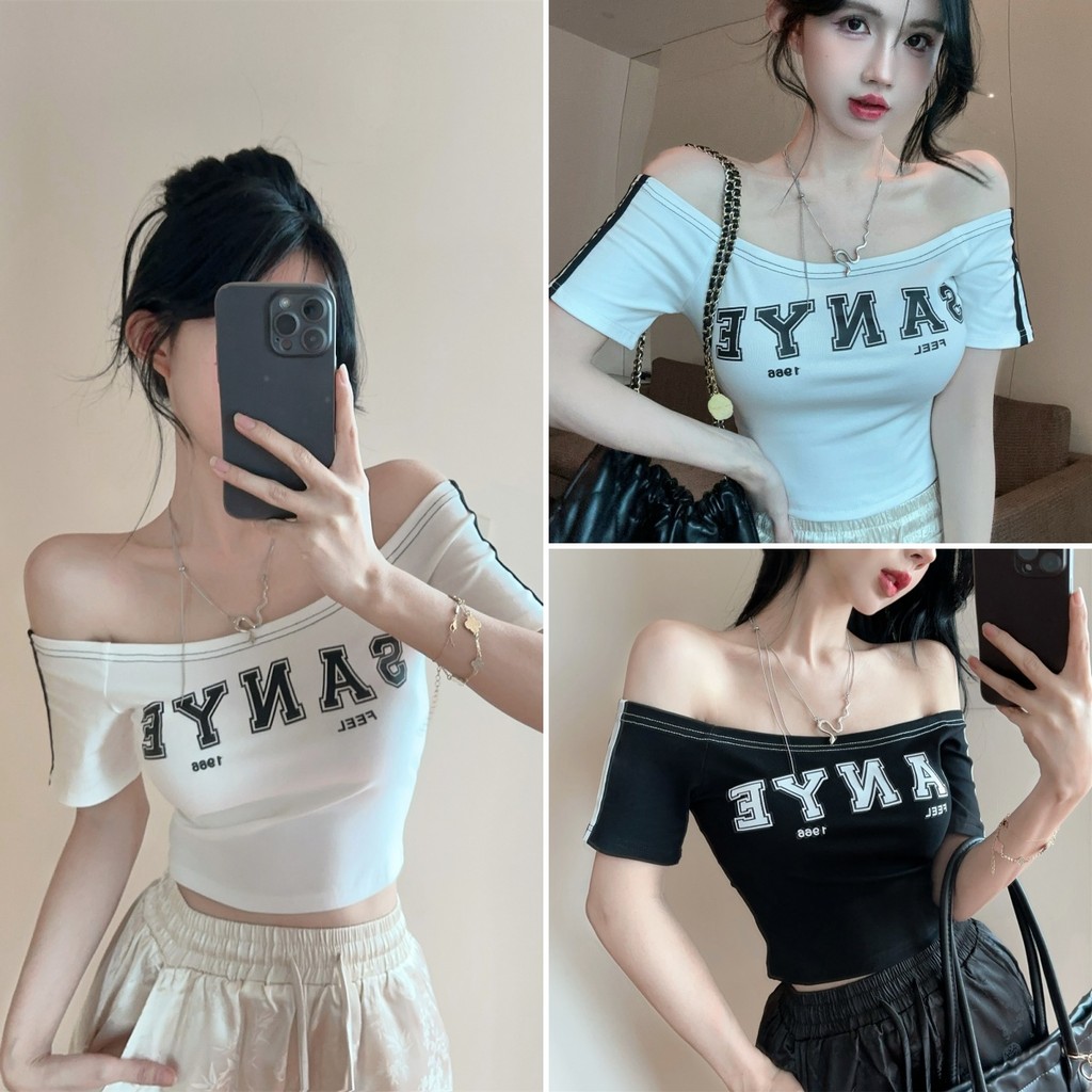 Betty house พร้อมส่ง เสื้อครอปผู้หญิง เสื้อยืดปาดไหล่สั้น แขนสั้นเปิดไหล่เซ็กซี่ พิมพ์ตัวอักษร