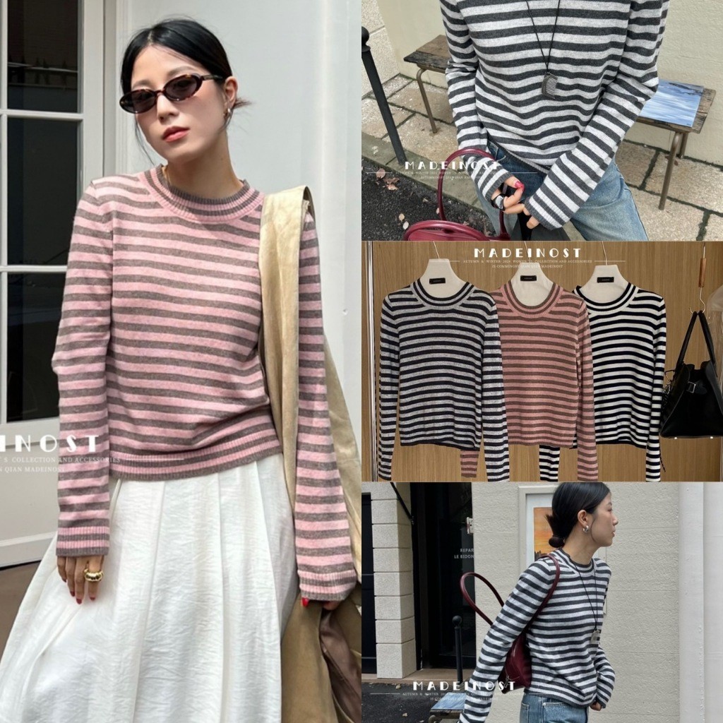 เสื้อแขนยาวไหมพรมทอ ลายขวาง ทรงสวย ทรงเกาหลี ทรงน่ารัก แฟชั่นเกาหลี