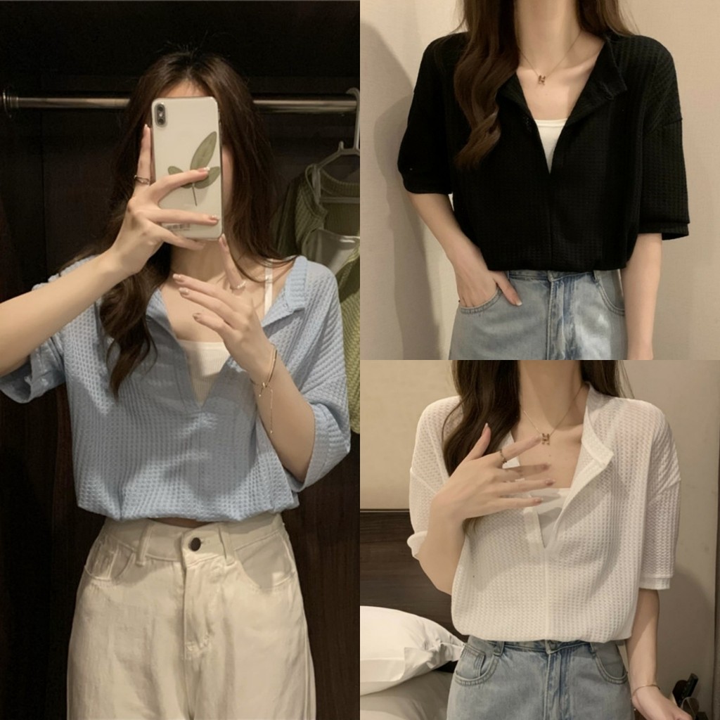 Luna Shop เสื้อยืดคอวีแขนสั้นสองชิ้นปลอมสำหรับผู้หญิง หลวมและเพรียวบาง ดีไซน์เฉพาะและไม่ซ้ำใคร เสื้อตัวบน