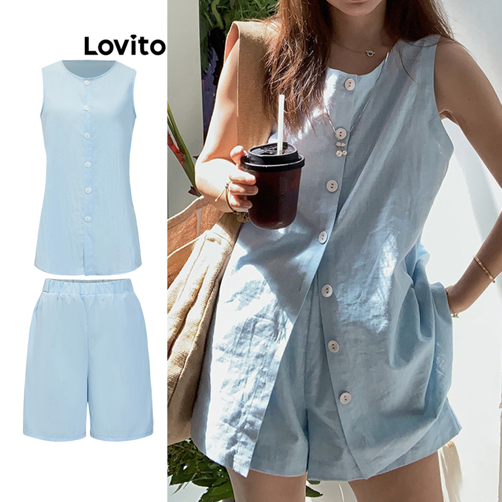 Lovito ชุดเซ็ทกางเกงขาสั้น พร้อมเสื้อ มีกระดุม สีพื้น สไตล์ลำลอง สำหรับผู้หญิง L85AD127