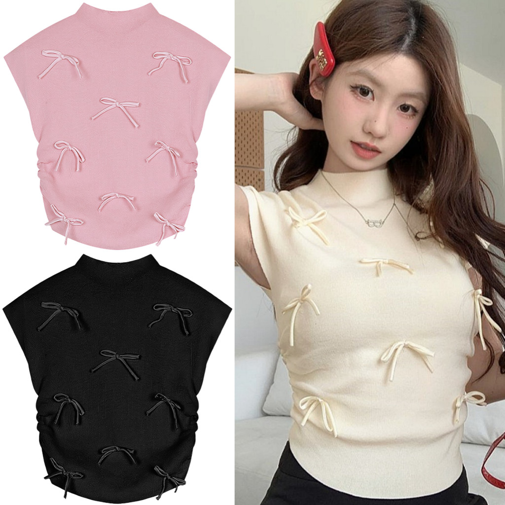 Kaekai พร้อมส่ง เสื้อยืด แขนกุด ดีเทลประดับโบว์ เก๋ๆ สไตล์เกาหลี ผ้าเรยอน ยืดๆ เหมาะสำหรับสาวหวาน แฟชั่นยอดฮิต