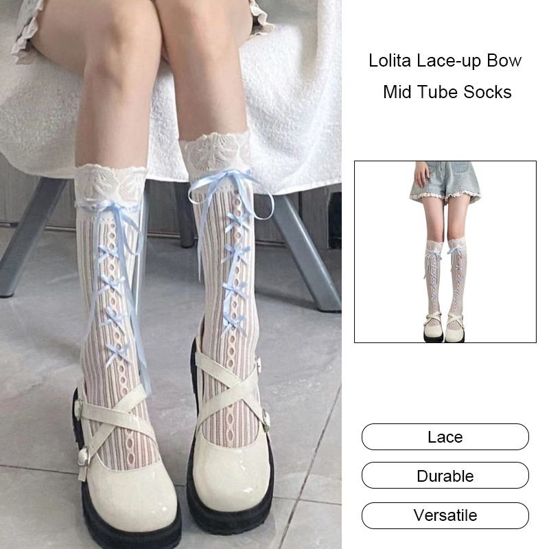 naidderse.thLolita Lace-up Bow Mid Tube Socks ถุงเท้าลูกไม้หวานสไตล์ญี่ปุ่นถุงเท้าลูกวัว-