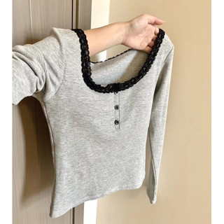 SUXI Simple Solid Color Slim Fit Contrasting Round Neck Long Sleeved Knitted T-shirt Women's Top 241021