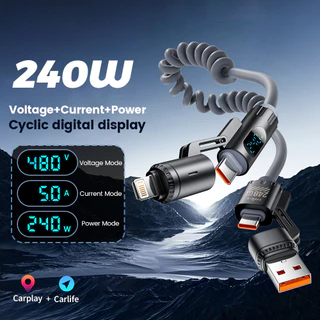 Elough 240W สังกะสีอัลลอยด์ 4 In 1 Digital Spring Fast สายชาร์จ USB A/Type C Charger Wire 2M รองรับ CarPlay Carlife