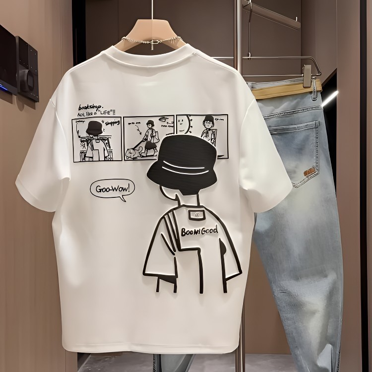 เสื้อยืดผู้ชายแขนสั้น พิมพ์การ์ตูนรอบคอกันยัวร์ สไตล์ STREETWEAR base tee bgt7