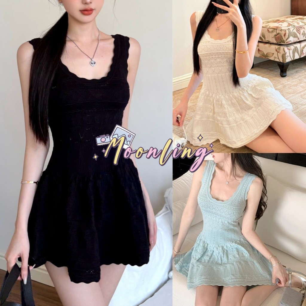 🌜Moonling🌛พร้อมส่งจากไทย มินิเดรสไหมพรม แขนกุด ผ้านุ่มนิ่มใส่สบาย เข้ารูป สีพื้นสไตล์มินิมอล *W-N096*
