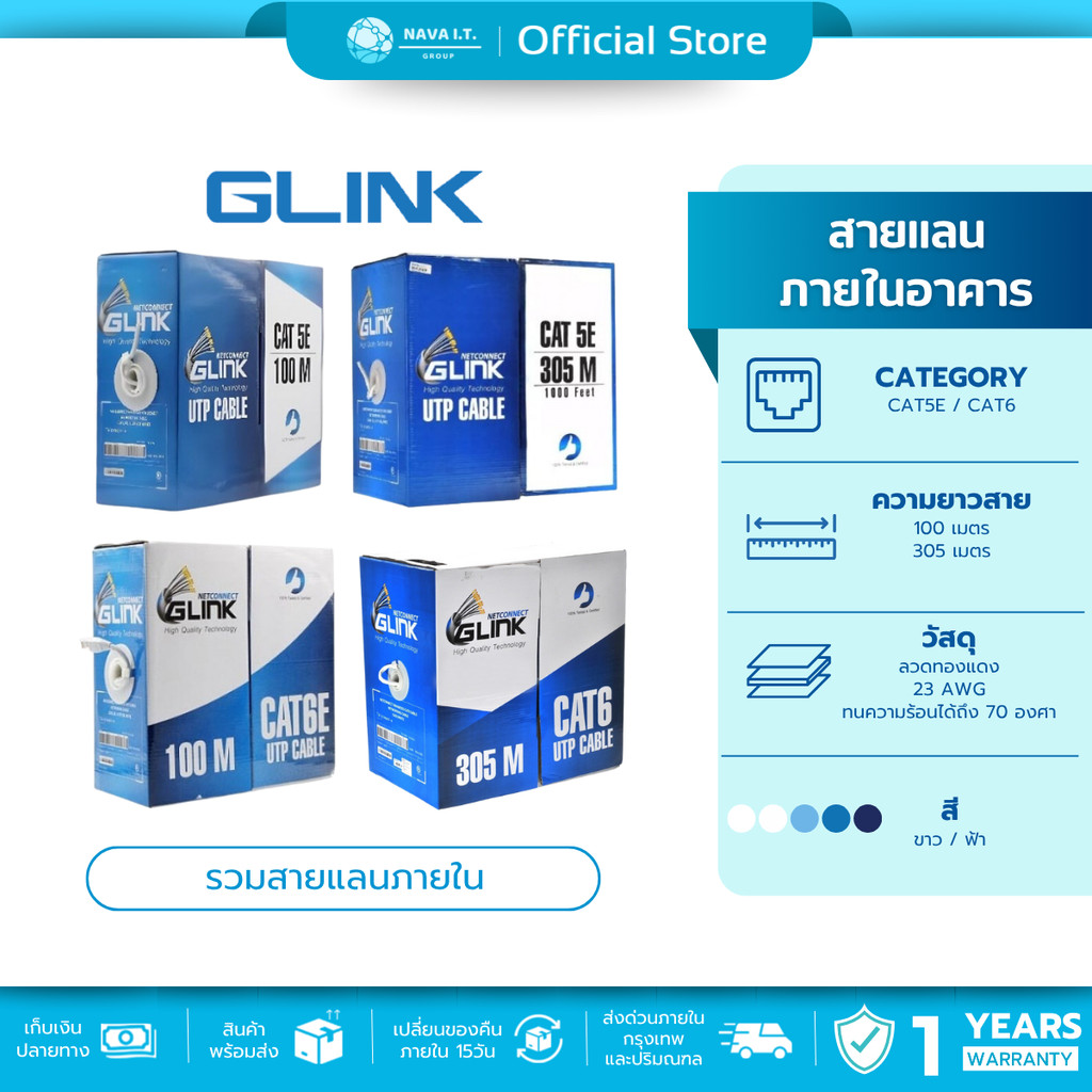 🛵มีส่งด่วน💨 รวมสายแลนภายใน GLINK INDOOR GL5001 GL5004 GL6001 GL6003 CAT5E/CAT6 UTP CABLE หลายความยาว