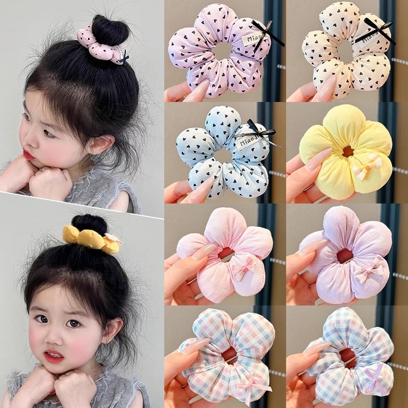 Scrunchies ยางรัดผมยืดหยุ่นสูงสำหรับเด็ก พวงมาลัยดอกไม้ไม่มีปม