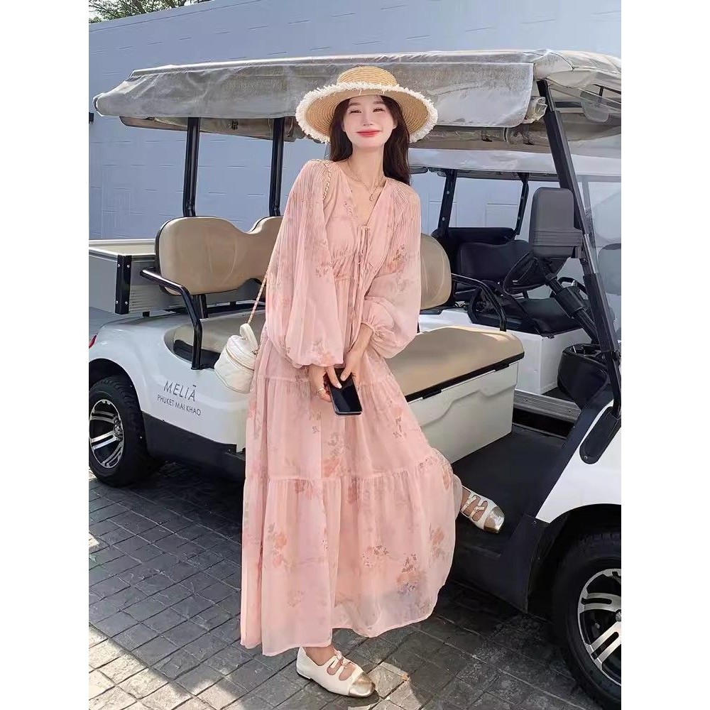 XUWEN กรกฎาคมชุดผมตรงสีชมพูVคอแขนยาวชุดเวอร์ชั่นเกาหลี2025 ฤดูร้อนดอกไม้FairyชุดหลวมหวานDopamineชุดย