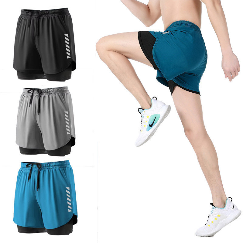 กางเกงขาสั้นวิ่ง 2 ชั้น ตาข่าย สบายๆ สำหรับวิ่งและขี่จักรยาน Unisex M-5XL สีดำ/เทา/ฟ้า