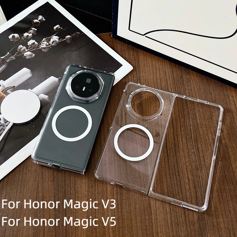 สําหรับ Honor Magic V3 V5 V 5 กรณีหรูหราโปร่งใส PC Hard Flip Magnetic โทรศัพท์สําหรับ Honor Magic V5