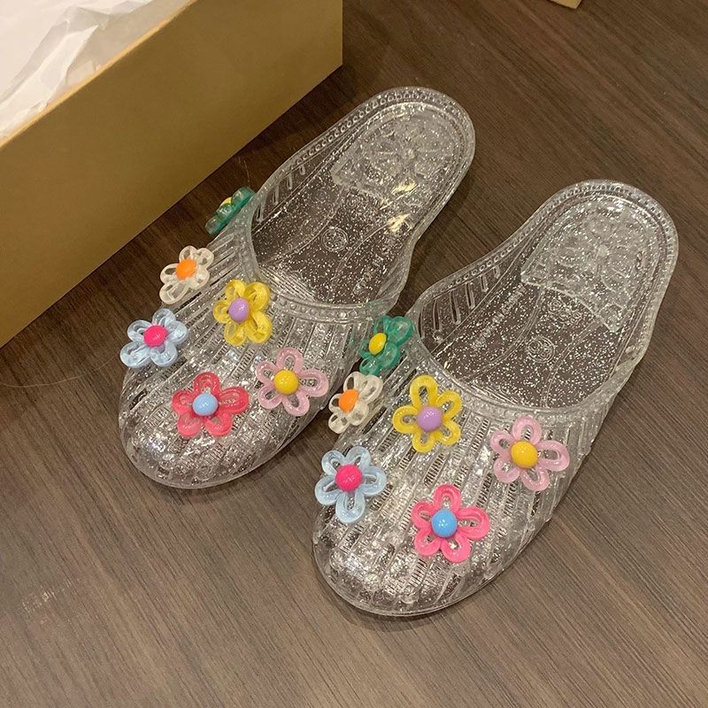 รองเท้าแตะคริสตัลแบนโปร่งใสดอกไม้เจลลี่พื้นนุ่ม Baotou สําหรับผู้หญิง ใส่สบาย