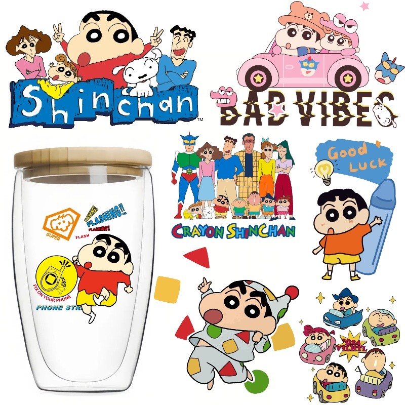 Shin-chan สติกเกอร์พิมพ์เย็นคริสตัลกาว UV Transfer สติกเกอร์แฟชั่น DIY ป้ายสติกเกอร์การ์ตูนสติกเกอร์ล้างทําความสะอาดได้