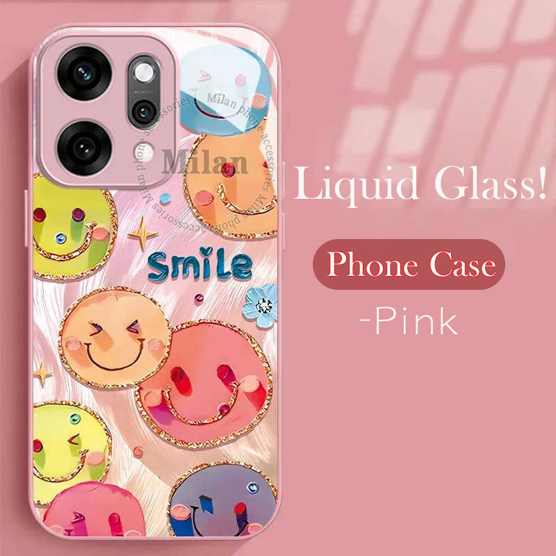 เคส OPPO Reno 14 14F 5G เคส OPPO Reno14 Pro เคสโทรศัพท์กระจกเหลวสุดหรู สีสันสดใส ลายหน้ายิ้ม ขอบซิลิโคนนิ่ม เหมาะสำหรับนักเรียนหญิง