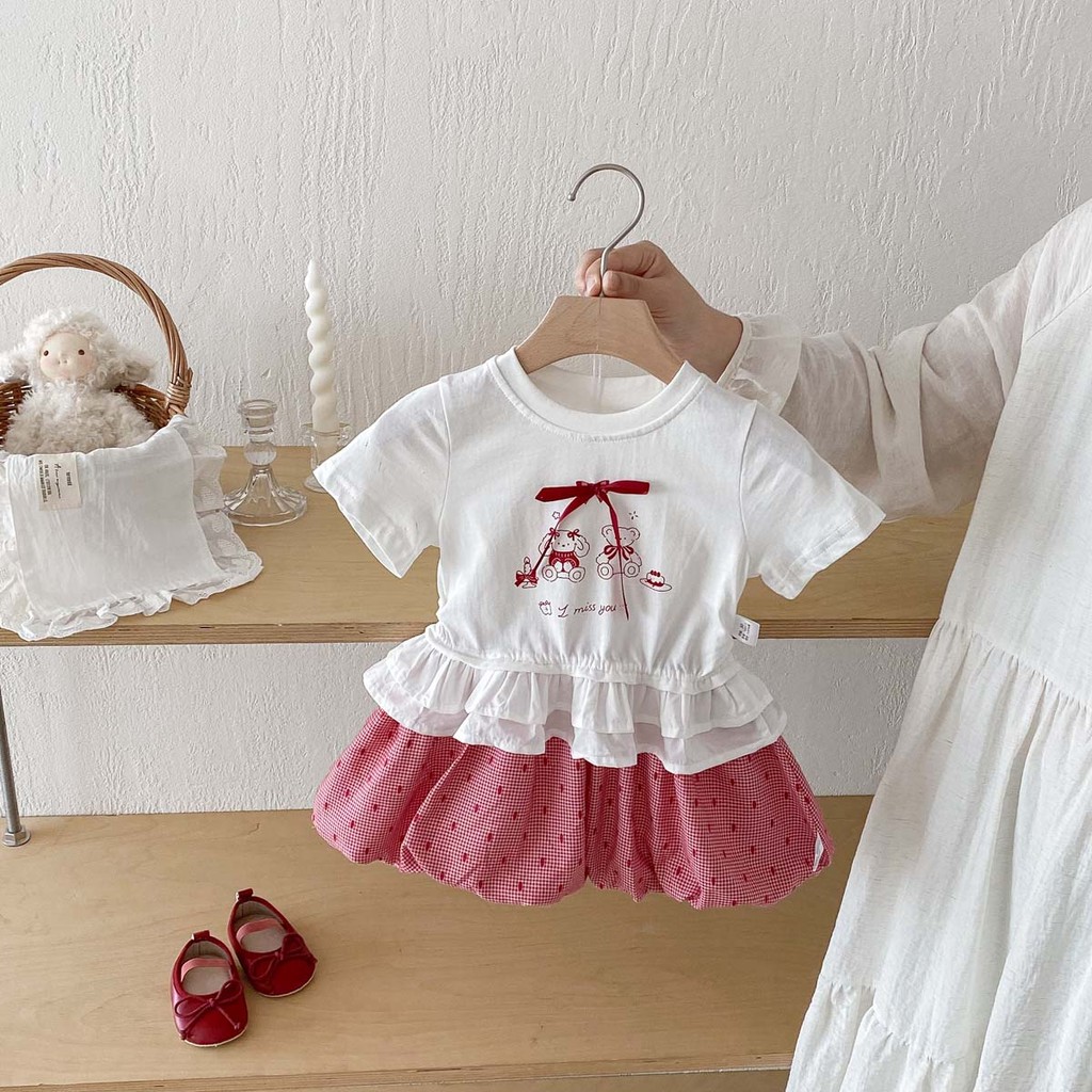 ชุดเด็กหญิงวัยหัดเดิน 0-6 ปี สไตล์เกาหลี เสื้อยืดแขนสั้นสีขาวและกระโปรงปุยลายจุดสีแดง - รูปที่ 6