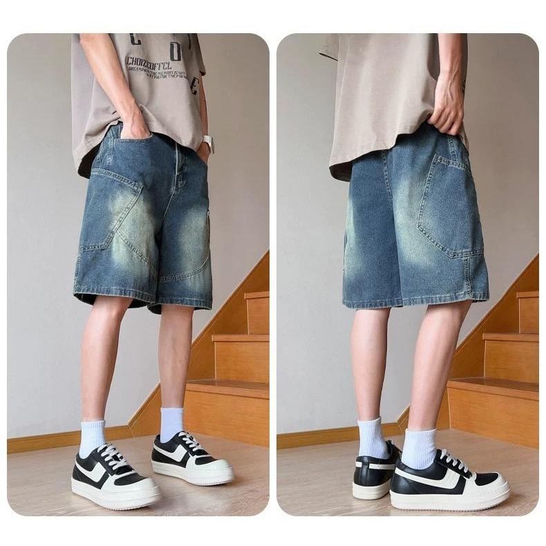 MNO.9 Short Jeans A114 กางเกงยีนส์ขาสั้น เอวยางยืด คาร์โก้ มีเชือกผูก Man ผู้ชาย Clothing
