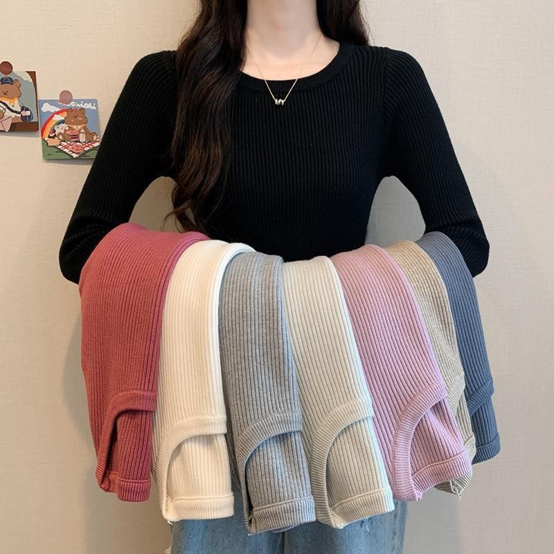 เสื้อยืดคอกลมผ้าไหมน้ำแข็งสำหรับผู้หญิง สไตล์ลำลองแขนยาวในแนวทางเกาหลี