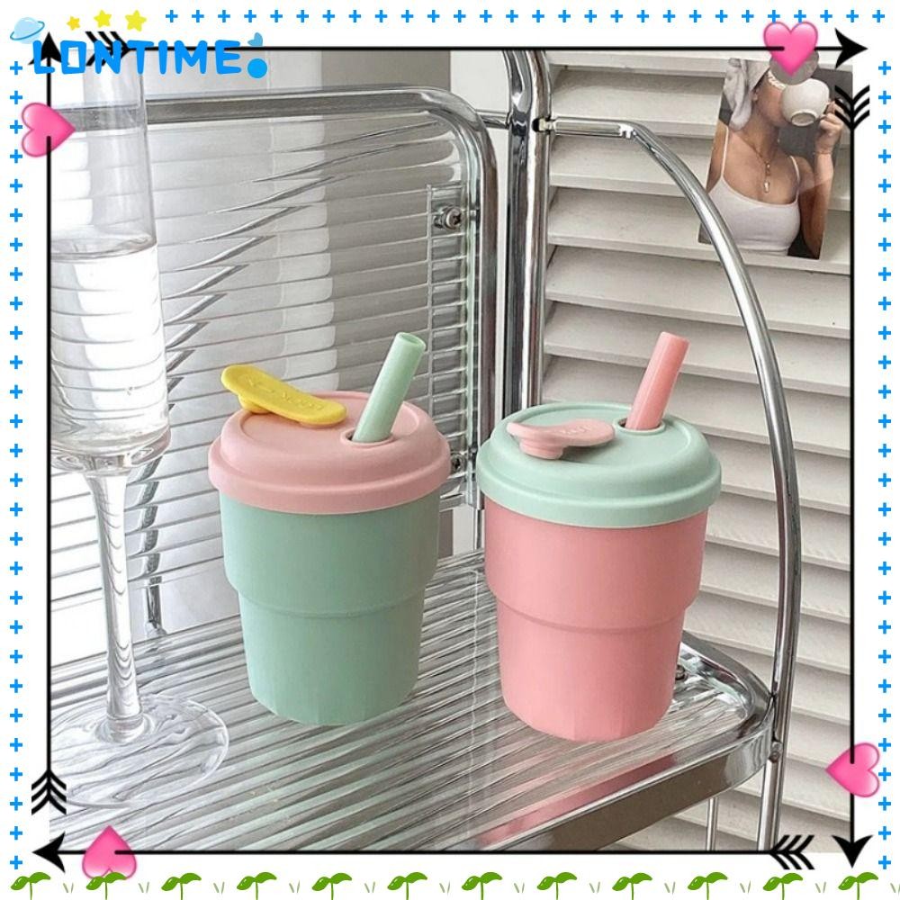 LONTIME ถ้วยน้ําซิลิโคน, ถ้วยฟางการ์ตูนกันรั่ว 380ML, ทนความร้อนน่ารักพร้อมหลอดแบบพกพาขวดน้ํากีฬาฤดูร้อน