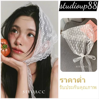 (ส่งจากไทย)ผ้าคลุมผมสามเหลี่ยมลูกไม้สไตล์ฝรั่งเศส ดีไซน์วินเทจลายดอกไม้ เนื้อบางเบาระบายอากาศ ใส่ได้ทุกฤดู