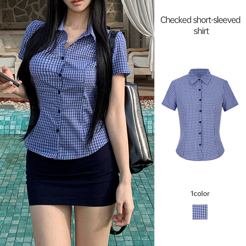 เสื้อเชิ้ตทรงเข้ารูป ทรงเข้ารูป เอวเข้ารูป แขนสั้น ลำลอง สำหรับผู้หญิง-MTY