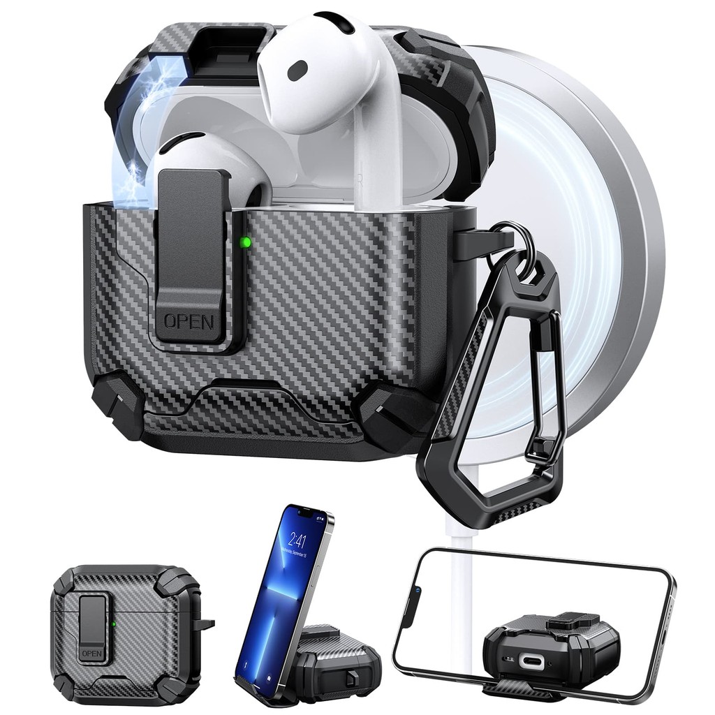 MANGO กรณีปลอกสําหรับ AirPods 1 2 3 4 Pro 2 Gen 2 3 4 2nd 3rd 4th Gen2 Gen3 Gen4 ปลอดภัยล็อคที่วางโทรศัพท์คาร์บอนไฟเบอร์รูปแบบ Auto Pop-out