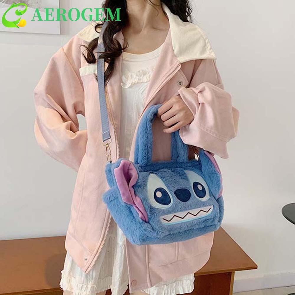 AEROGEM กระเป๋าถือเครยอนชินจัง PP Cotton Plush Stitch สำหรับกลางแจ้ง สีชมพูกันเปียกพร้อมโบว์นุ่ม เป็นของขวัญที่เหมาะเจาะ