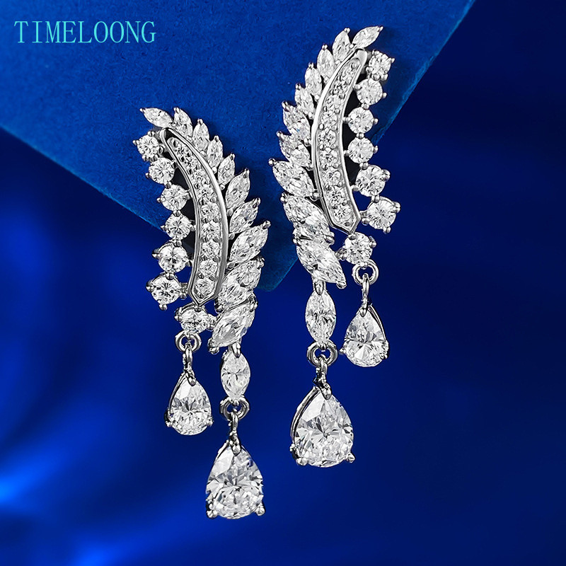6*8 MM Pear Cut Lab สร้าง Sapphire อัญมณี Feather Drop ต่างหู 100% 925 เงินสเตอร์ลิงสําหรับผู้หญิงเค