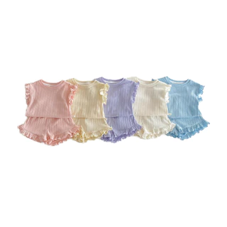 ชุดเด็กผู้หญิงแบบใหม่ สีทึบ เซ็ตสองชิ้น กางเกงขาสั้นเกาหลี