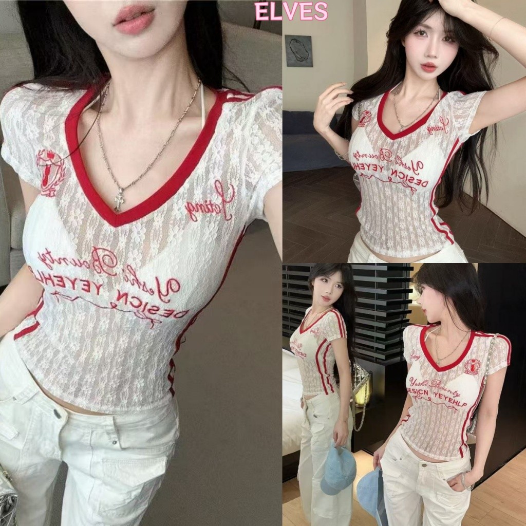 Elves พร้อมส่ง💟เสื้อยืดผู้หญิง เสื้อลูกไม้คอวี ทรงลิฟฟิต งานปักสีเเดง ยืดเยอะ สไตล์วินเทจ"FY4776"