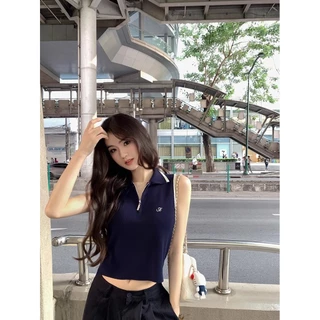 GAKKI เสื้อครอปคอโปโลแขนกุดผู้หญิง เสื้อกล้ามไหมพรมผู้หญิง เสื้อถักบางสไตล์ลำลอง ฟรีไซส์ รุ่น 3269#