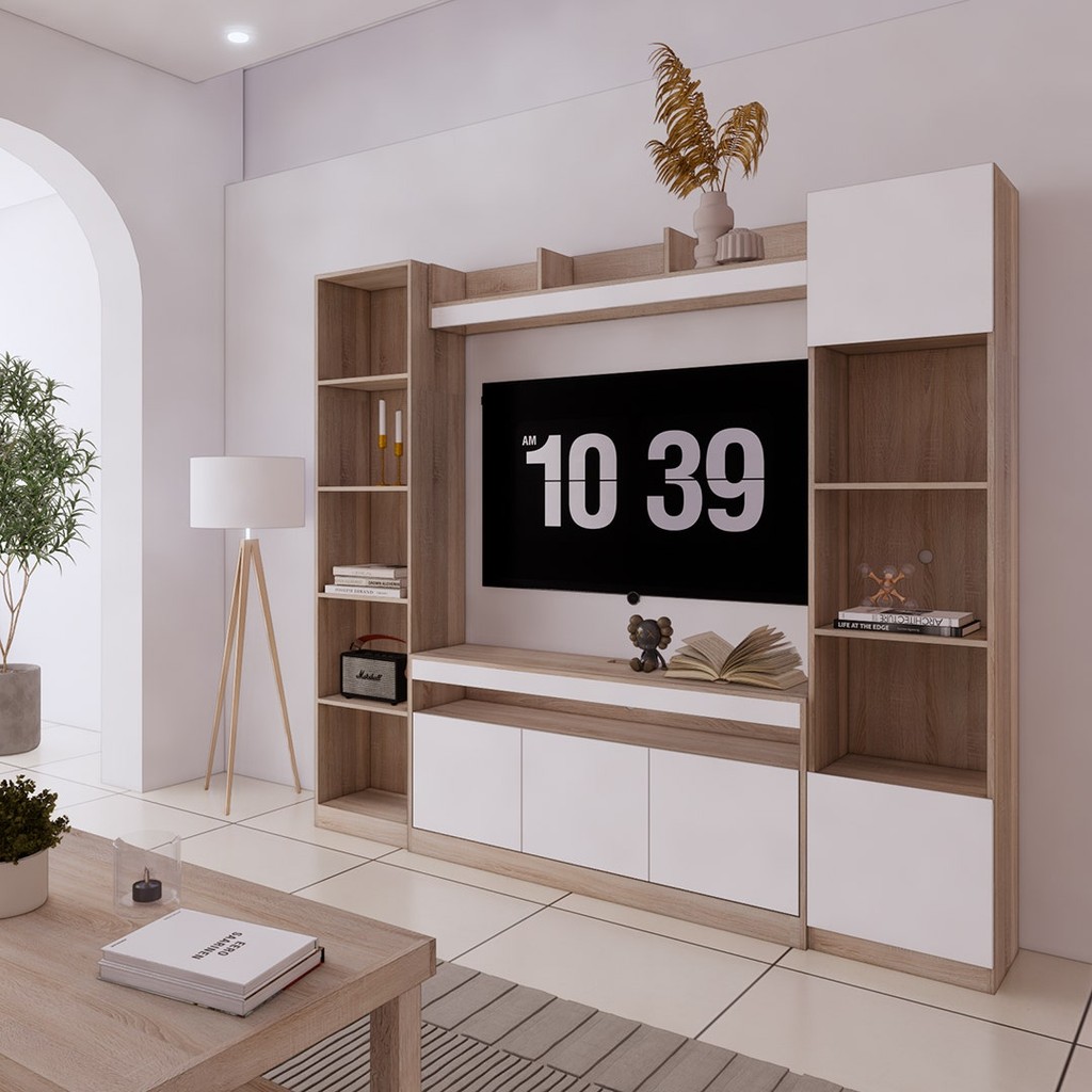 Looms ตู้โชว์ + วางทีวี ขนาด 200 ซม. รุ่น CONLIN สีไม้อ่อน (200x30x180 ซม.)  แบรนด์ LOOMS